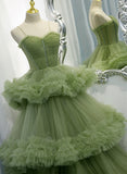 Spaghetti Straps  Green Tulle Layers Long Sweet 16 Dress, Green Evening Prom Dress