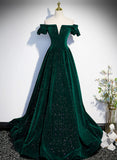 Green Off Shoulder A-line Floor Length Party Dress, Green Long Formal Dress Prom Dress