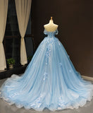 Blue Sweetheart Ball Gown Flowers Sweet 16 Dress, Blue Off Shoulder Wedding Party Dress