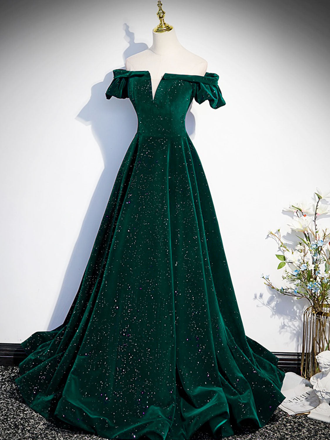 Green off shoulder outlet prom dress