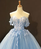 Blue Sweetheart Ball Gown Flowers Sweet 16 Dress, Blue Off Shoulder Wedding Party Dress