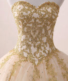 Ball Gown Light Champagne with Gold Lace Sweet 16 Dress, Tulle Long Prom Dress