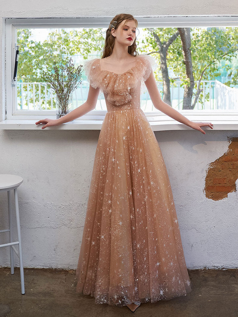 Champagne Tulle Sequins Evening Dress One Shoulder A Line Party Prom Dress Y8008 main image 0