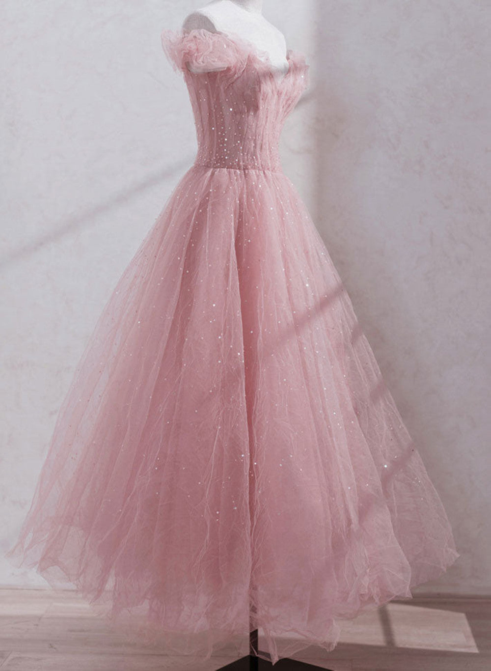 Pink Shiny Tulle Beaded Off Shoulder Long Party Dress, Pink Tulle Formal Dress