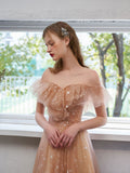 Champagne A-line Tulle Off Shoulder Prom Dress, Champagne Party Dress