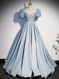 Blue Beaded Short Sleeves Long Party Dress, A-line Blue Satin Formal Dress