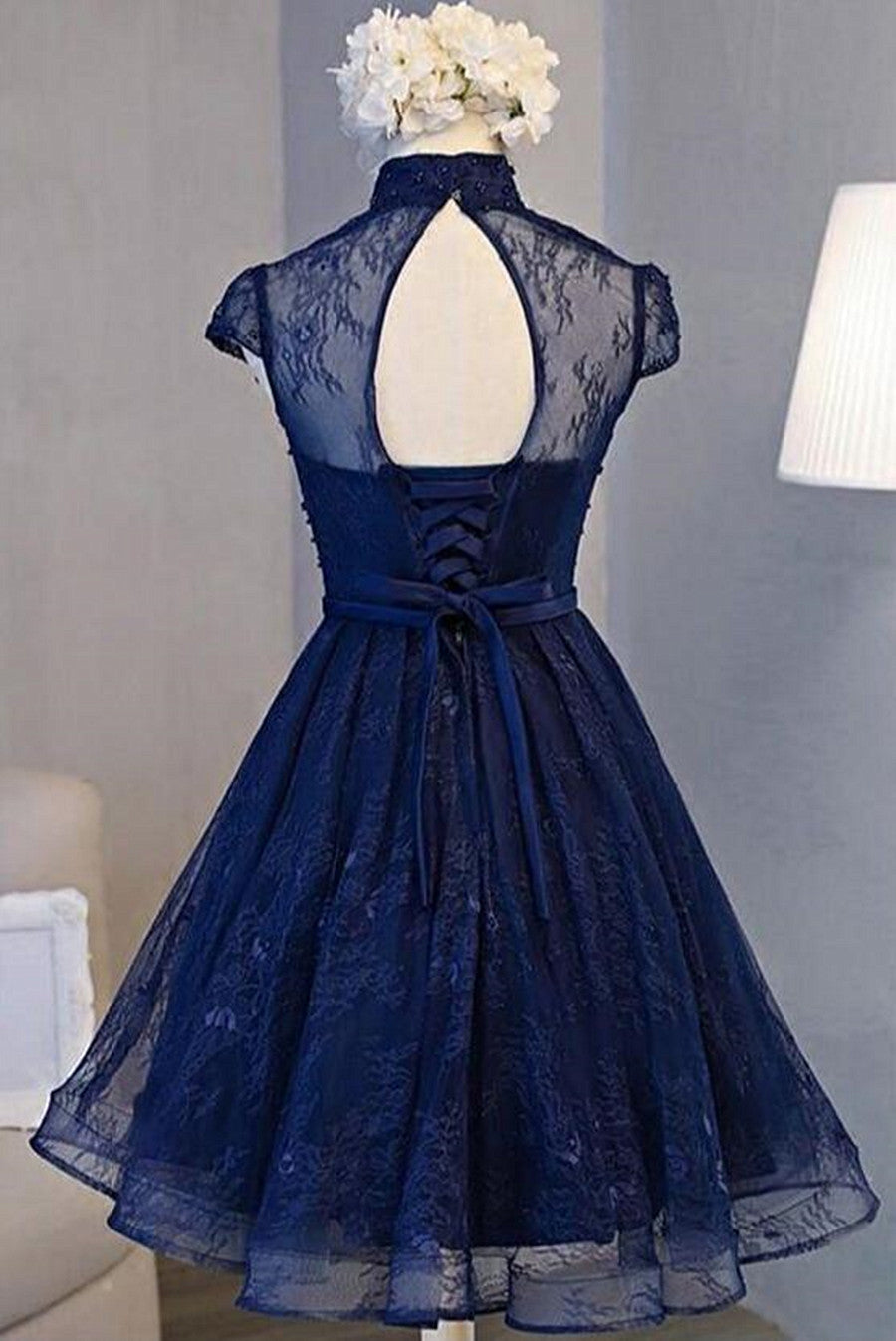 Navy Blue Beaded Lace Short Prom Dress Graduation Dress, Navy Blue Homecoming Dress