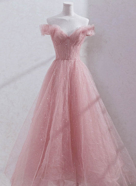 Pink Shiny Tulle Beaded Off Shoulder Long Party Dress, Pink Tulle Formal Dress