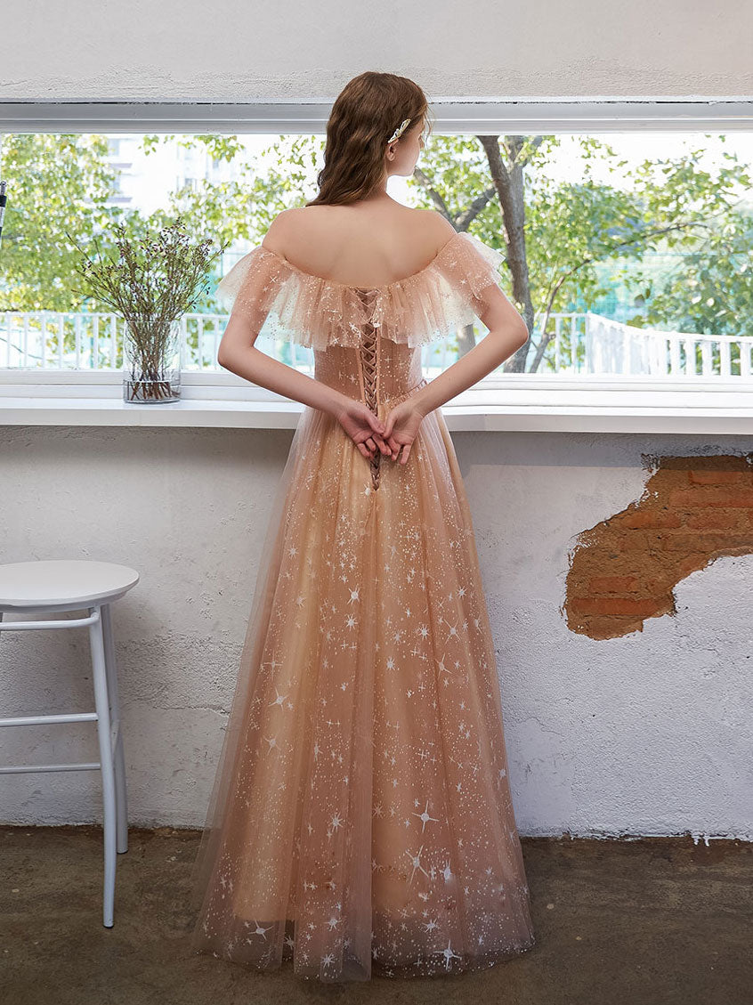 off the shoulder champagne prom dress Ballbella One Shoulder Champagne Prom Dress Mermaid Slit Long