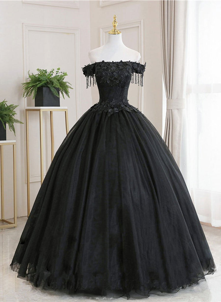 Black Off Shoulder Tulle with Lace Ball Gown Sweet 16 Dress, Black Eve ...