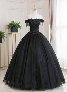 Black Off Shoulder Tulle with Lace Ball Gown Sweet 16 Dress, Black Evening Prom Dress