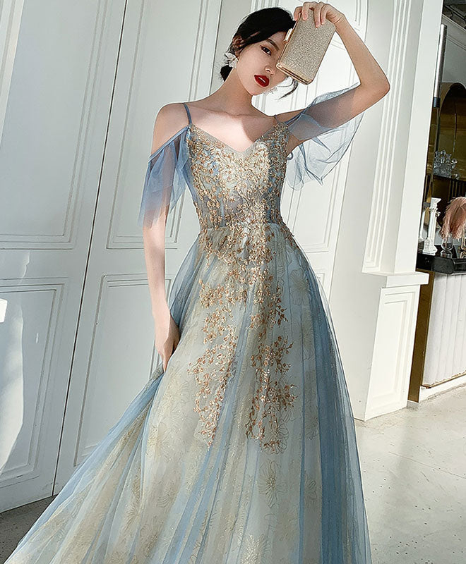 Beautigul Light Blue V-neckline Tulle with Lace Party Dress, A-line Prom Dress