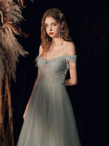 Light Green Shiny Tulle Sweetheart Chic Long Prom Dress, Light Green A-line Party Dress