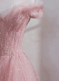 Pink Shiny Tulle Beaded Off Shoulder Long Party Dress, Pink Tulle Formal Dress