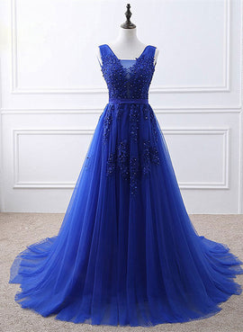 Royal Blue Tulle Long Party Dress with Lace Applique, Blue Evening Party Dress