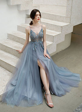 Blue V-neckline Tulle Straps Beaded Long Formal Dress, A-line Blue Evening Dress