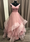 Pink Tulle Layers Long Formal Dress, Pink Tulle A-line Prom Dress