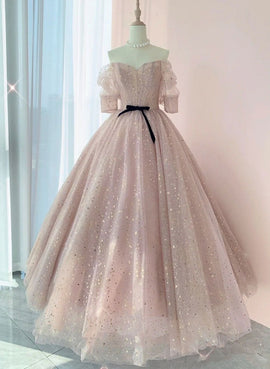 Pink Ball Gown Tulle Long Prom Dress ,Tulle Lace Short Sleeves Party Dress