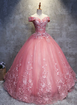 Dark Pink Princess Flowers Off Shoulder Sweet 16 Dress, Pink Formal Gown