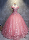 Dark Pink Princess Flowers Off Shoulder Sweet 16 Dress, Pink Formal Gown