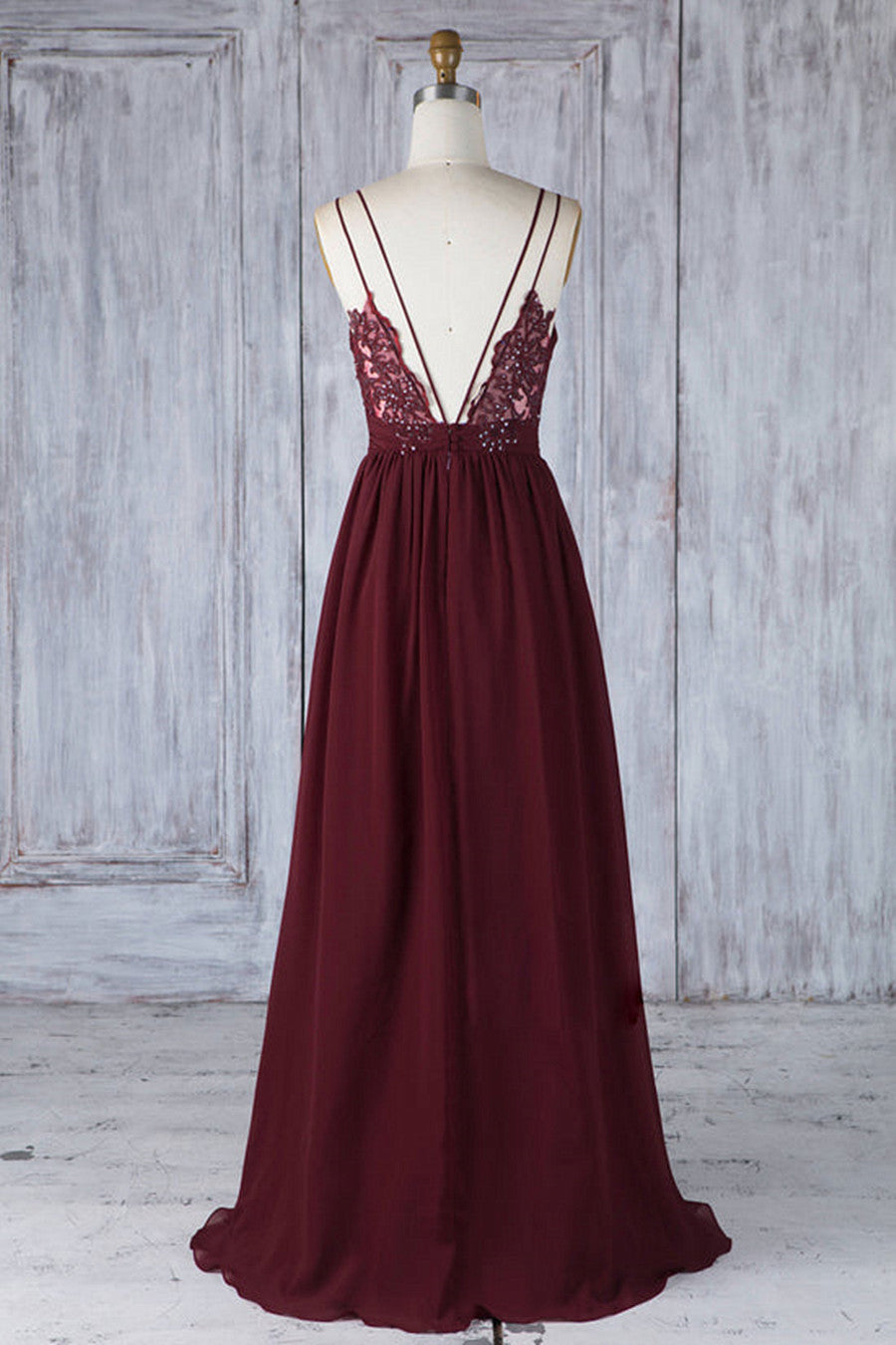 Wine Red Chiffon with Lace Low Back Bridesmaid Dress, Wine Red Evening Dress