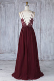 Wine Red Chiffon with Lace Low Back Bridesmaid Dress, Wine Red Evening Dress