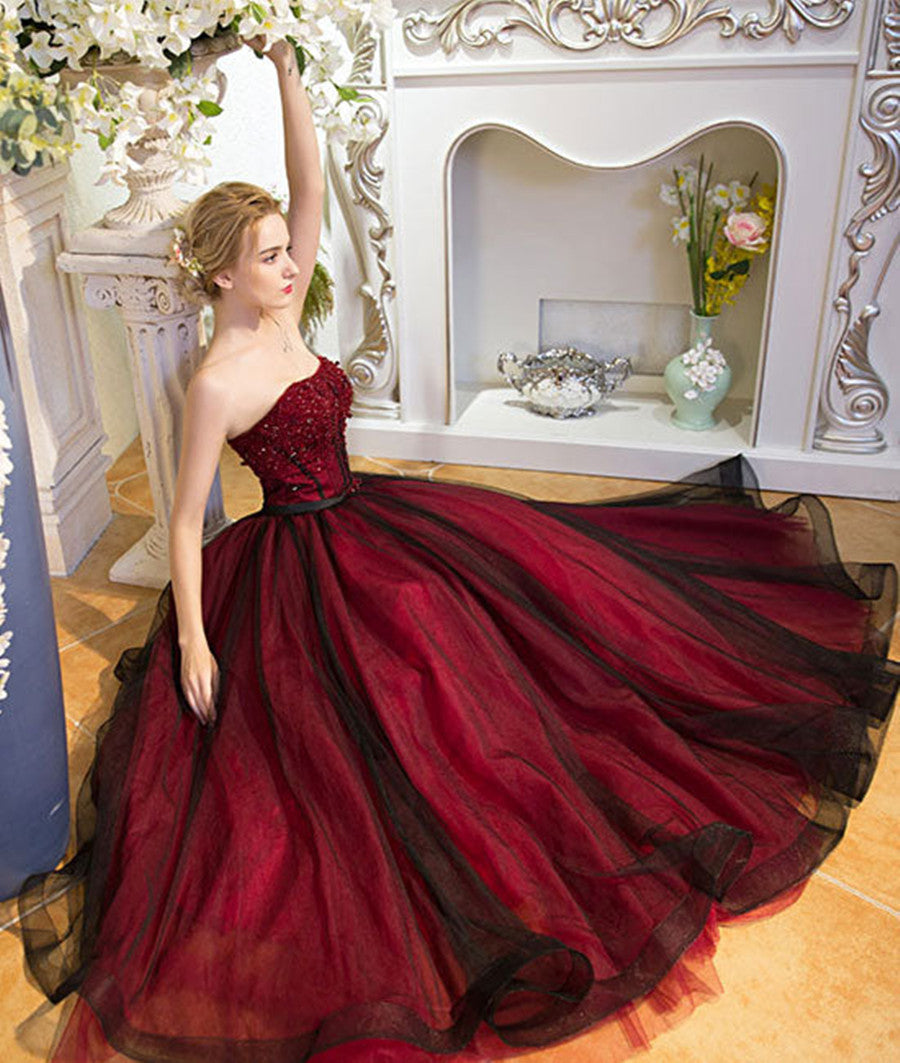 Black and Red Beaded Scoop Long Tulle Party Dress, A-line Beaded Prom Dress