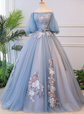 Blue Tulle with Lace Applique Off Shoulder Party Dress, Blue Sweet 16 Dresses