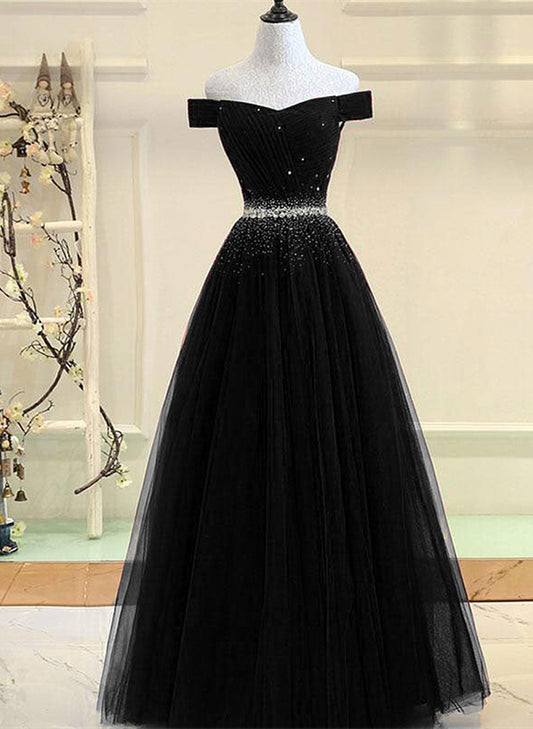 Black Beaded Off Shoulder Tulle Long Party Dress, Black A-line Prom Dress