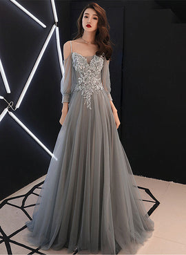 Grey Long Sleeves Tulle with Flowers Formal Dress, A-line Grey Prom Dress