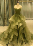 Green Straps Tulle Long Layers Formal Dress, Beautiful Green Floor Length Prom Dress