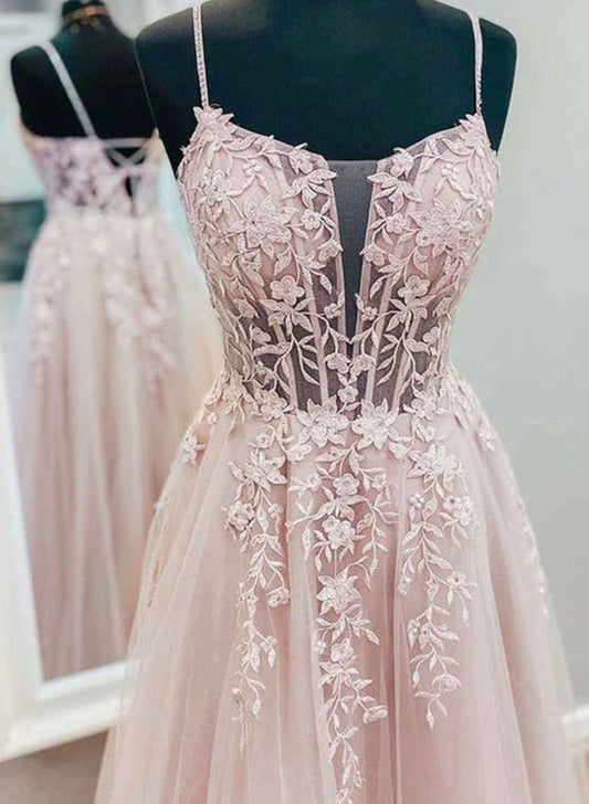 Pink Tulle with Lace Straps Lace-up Floor Length Prom Dress, Pink Long Evening Dress