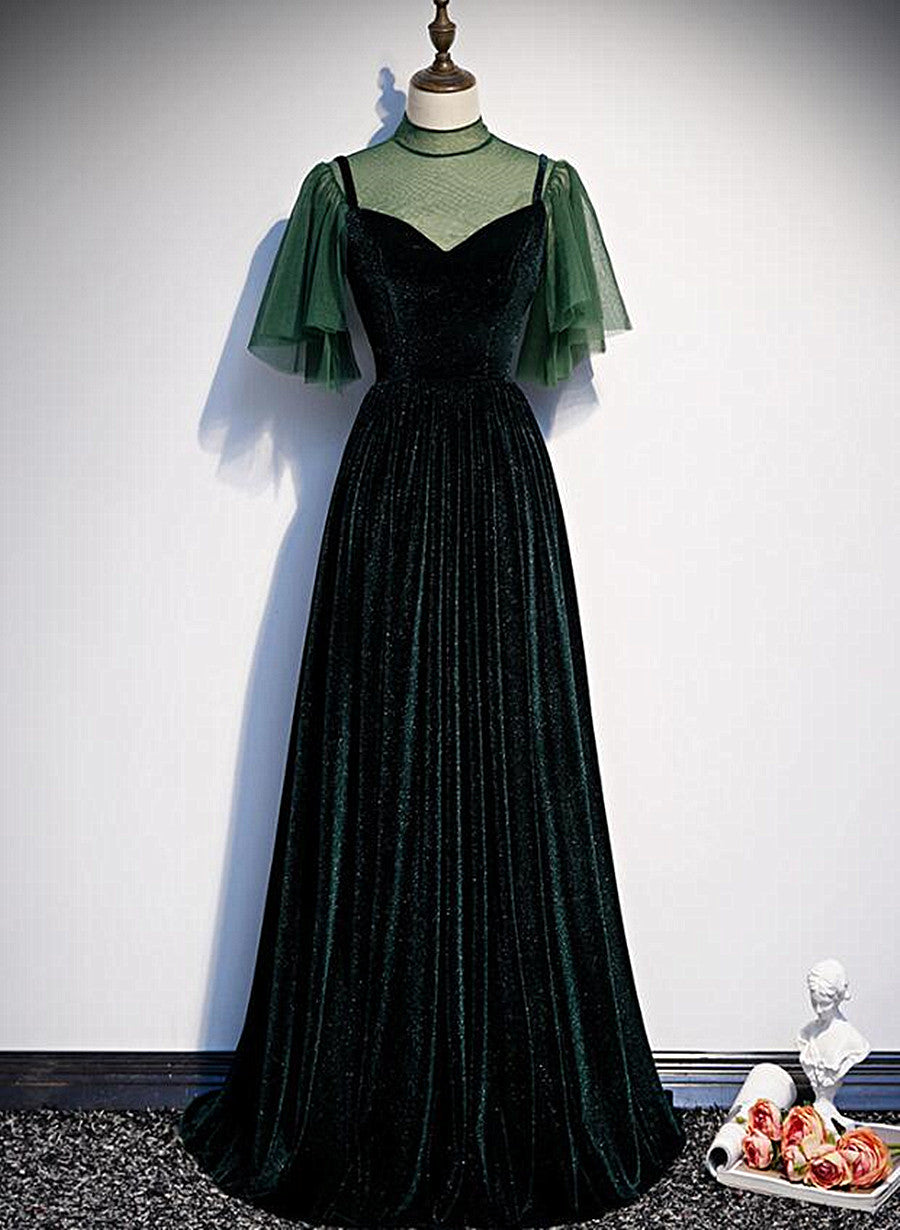 Dark Green Tulle and Velvet High Neckline Bridesmaid Dress, A-line Long Party Dress