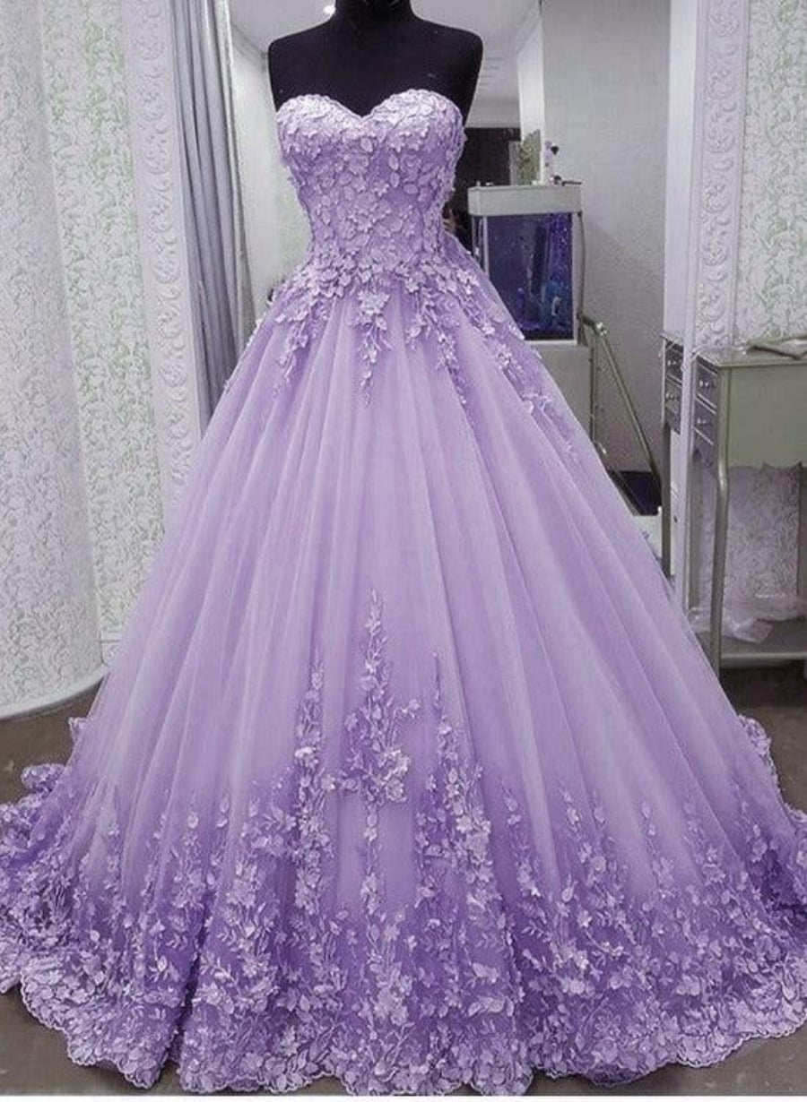 Lovely Lavender Tulle Ball Gown with Flower Lace Sweet 16 Dress, Lavender Wedding Party Dress