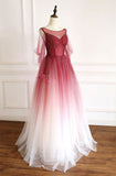 Dark Red Gradient Tulle Beaded Round Neckline Prom Dress, A-line Tulle Formal Dress