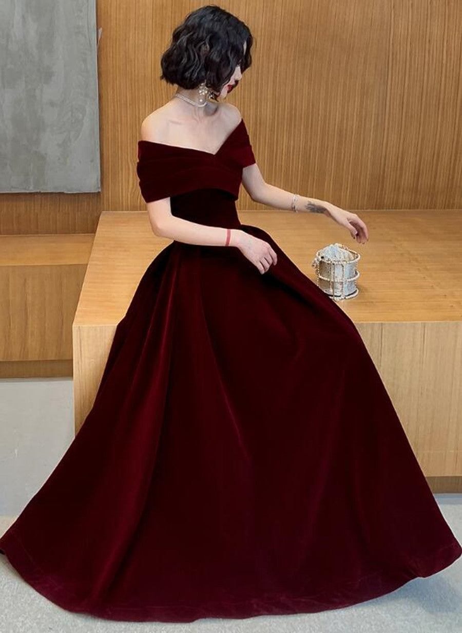 Wine Red Velvet Off Shoulder A-line Party Dress Prom Dress, Velvet Bridesmaid Dress