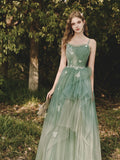 Light Green Straps Tulle with Lace Applique, Green A-line Prom Dress