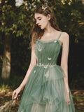 Light Green Straps Tulle with Lace Applique, Green A-line Prom Dress