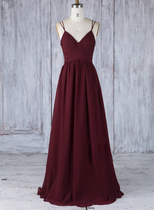 Wine Red Chiffon with Lace Low Back Bridesmaid Dress, Wine Red Evening Dress