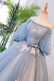 Blue Tulle with Lace Applique Off Shoulder Party Dress, Blue Sweet 16 Dresses