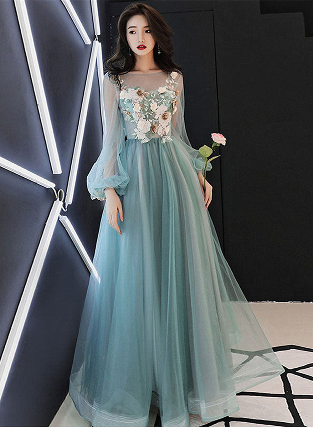 Light Green Puffy Sleeves Tulle with Flower Party Dress, Green A-line Prom Dress