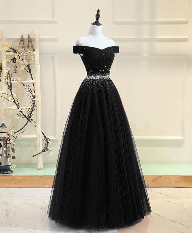 Black Beaded Off Shoulder Tulle Long Party Dress, Black A-line Prom Dress