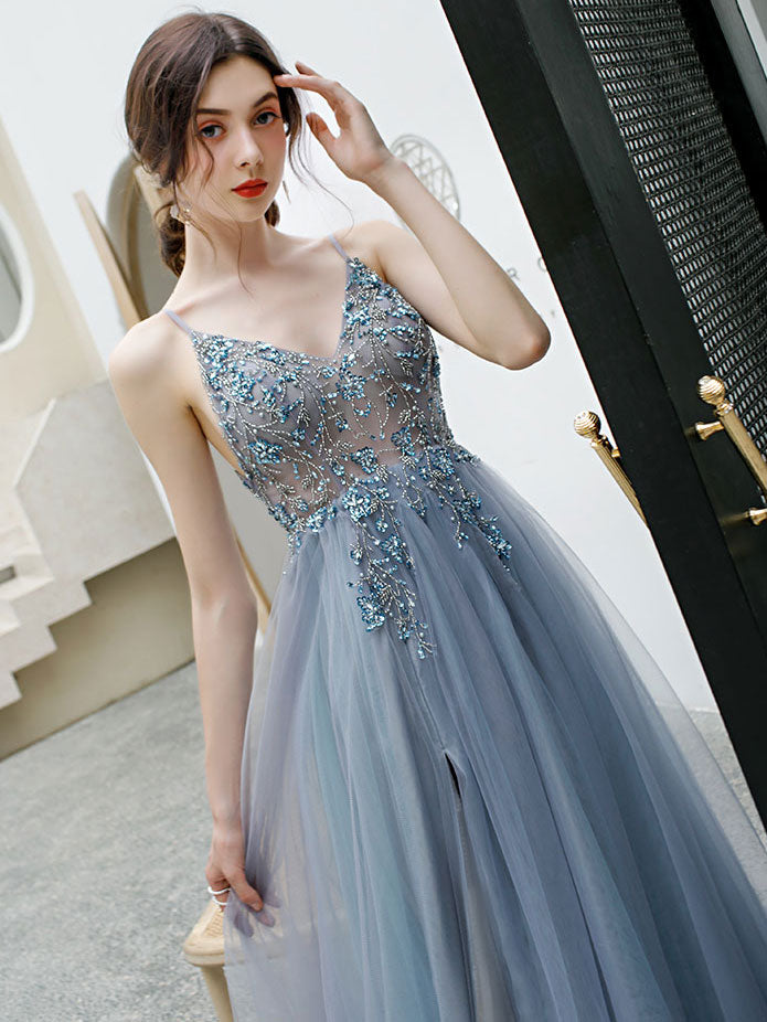 Blue V-neckline Tulle Straps Beaded Long Formal Dress, A-line Blue Evening Dress