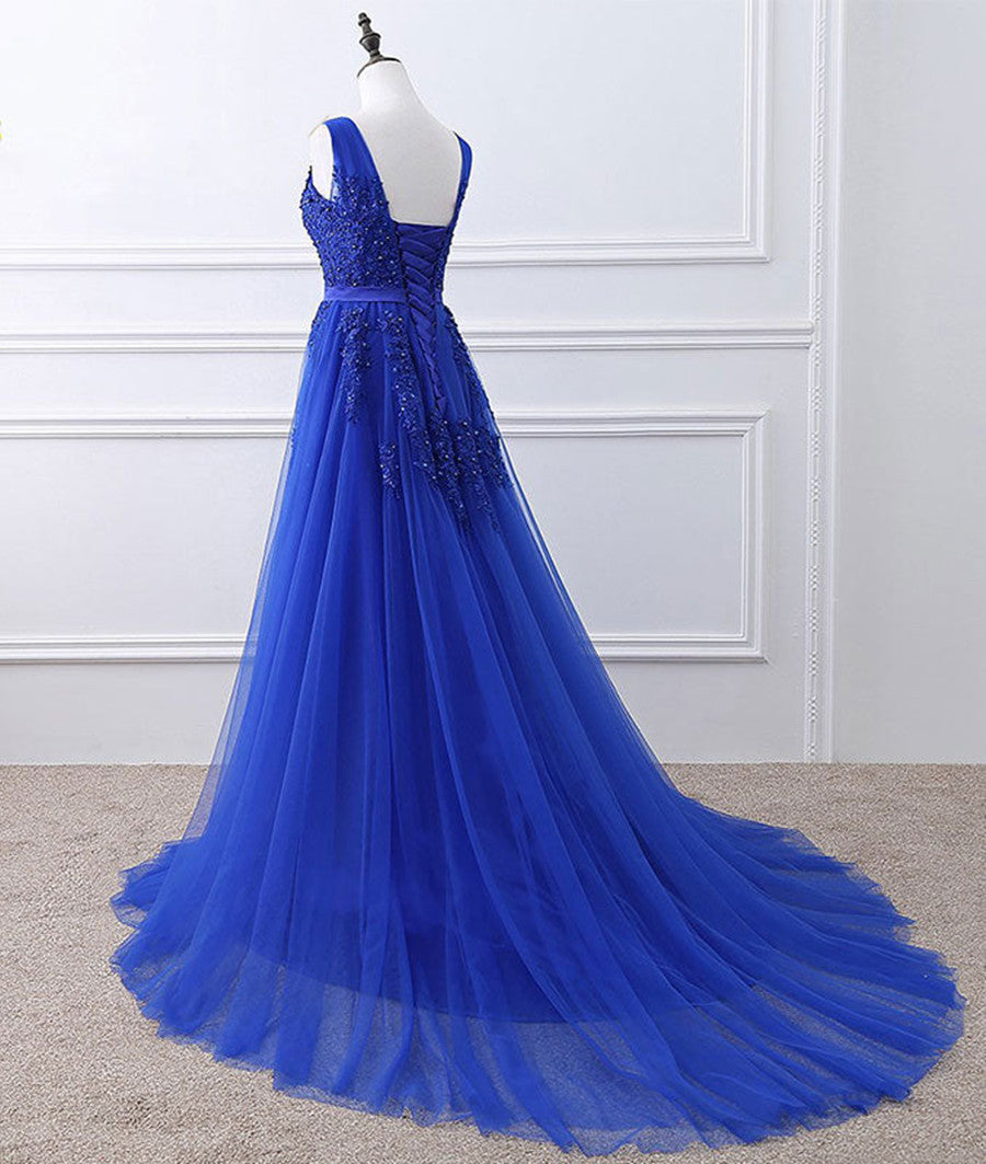 Royal Blue Tulle Long Party Dress with Lace Applique, Blue Evening Par