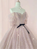 Pink Ball Gown Tulle Long Prom Dress ,Tulle Lace Short Sleeves Party Dress