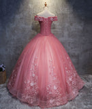 Dark Pink Princess Flowers Off Shoulder Sweet 16 Dress, Pink Formal Gown