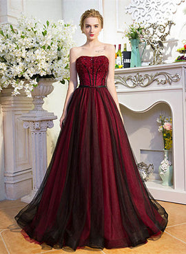 Black and Red Beaded Scoop Long Tulle Party Dress, A-line Beaded Prom Dress