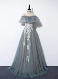 Grey Tulle with White Lace A-line Off Shoulder Party Dress, A-line Grey Evening Dress