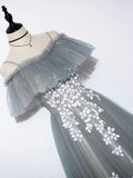 Grey Tulle with White Lace A-line Off Shoulder Party Dress, A-line Grey Evening Dress