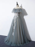 Grey Tulle with White Lace A-line Off Shoulder Party Dress, A-line Grey Evening Dress